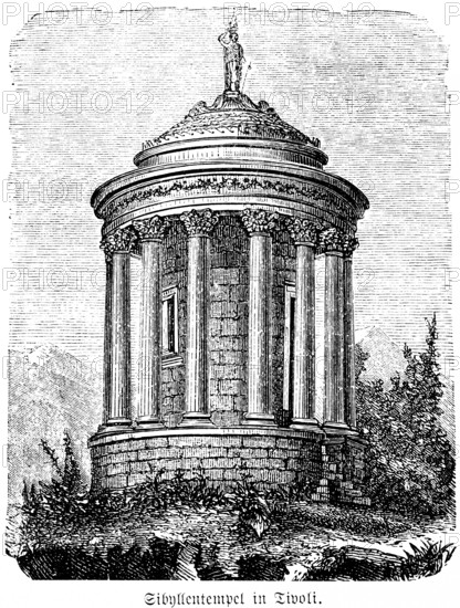 Ancient Temple of the Sibyls in Tivoli near Rome, rotunda, columns, figure, park, Etruscans,