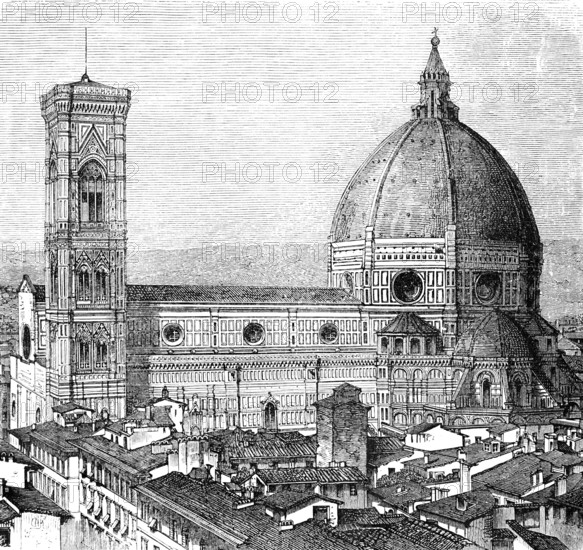Duomo di Firenze, Florence Cathedral, 13th century cathedral, huge dome, square tower, side view,