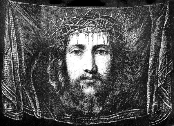 Shroud of St Veronica, imprint of the face of Jesus, crown of thorns, artist Antonio Allegri or