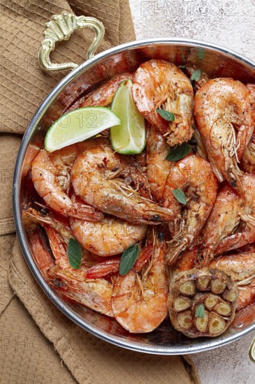Fried tiger prawns, with spices, homemade, top view