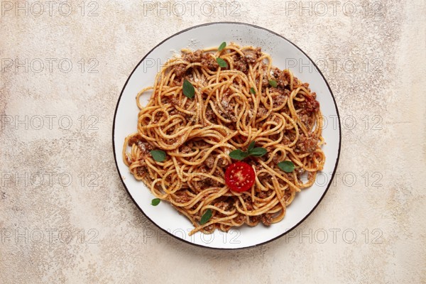 Spaghetti Bolognese, top view, close-up, no people, homemade