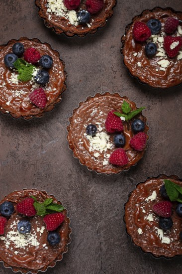 Chocolate tartlets, stuffed with cottage cheese and berries, breakfast, homemade, no people