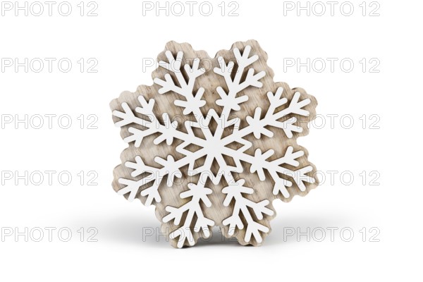 Single wooden and white winter snowflake ornament on white background