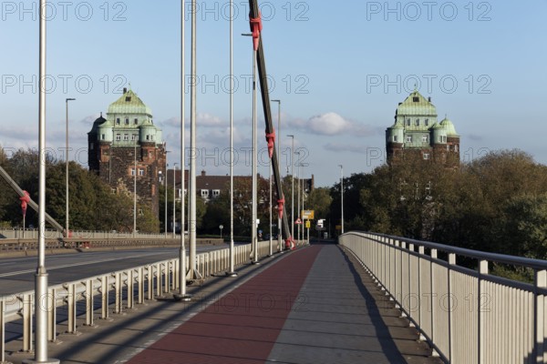 Historic bridge towers of the Friedrich-Ebert-Bridge, bridle belt bridge from 1954, Rhine bridge,