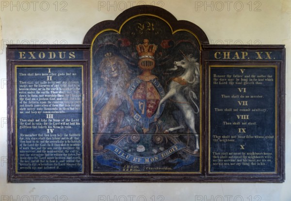 Ten Commandments prayer board and Royal Coat of Arms, church of Saint George, Ogbourne St George,