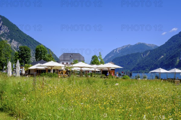 Waterfront promenade with cafés and bars, Pertisau am Achensee, Tyrol, Austria, Europe