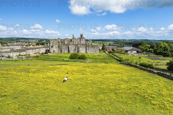 Middleham Castle from a drone, Middleham, Wensleydale, North Yorkshire, England, United Kingdom,