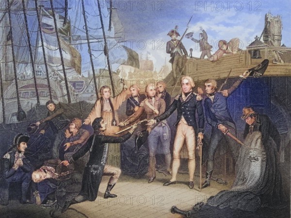 Admiral Nelson, Horatio Nelson, 1st Viscount Nelson, Duke of Bronte, receives the sword of the