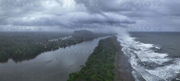 Aerial view, beach and sea, coast with rainforest, Tortuguero National Park, Costa Rica, Central