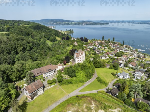 Aerial view of Salenstein Castle above the municipality of Mannenbach-Salenstein on western Lake