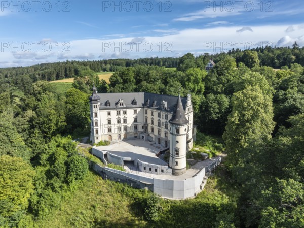 Aerial view of Steinegg Castle, a castle rebuilt in 1887 in the Neo-Renaissance style and renovated