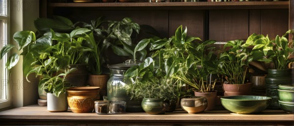 A sunlit kitchen corner, with a rustic wooden shelf holding neatly arranged ceramic bowls and a