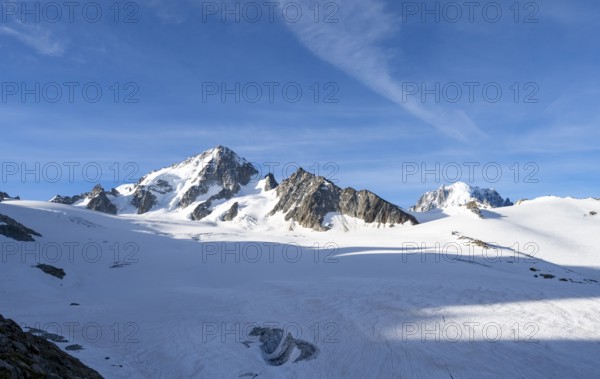 High alpine mountain landscape, summit of the Aiguille de Chardonnet and Glacier du Tour, glaciers