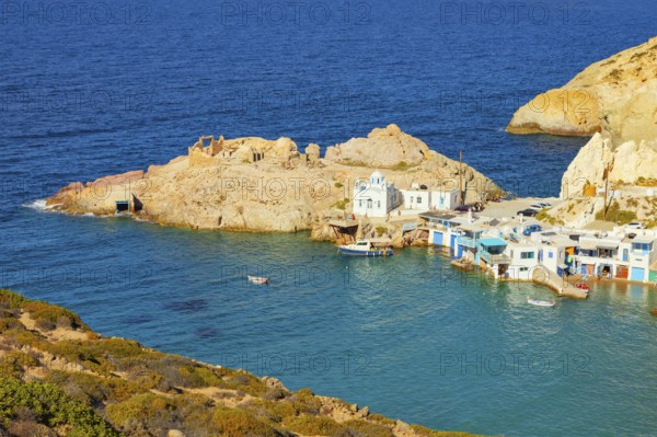 Firopotamos village, high angle view, Firopotamos, Milos Island, Cyclades Islands, Greece, Europe