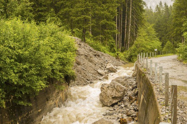 Landslide into the Oybach, Oytal near Oberstdorf, Allgaeu, Bavaria, Germany, Europe