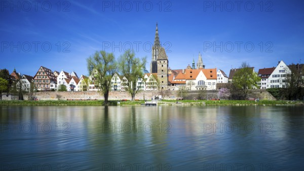 Panorama over the Danube to Ulm with Ulm Minster and Metzgerturm, Baden-Württemberg, Germany,