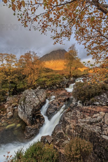Waterfall, wild river, cloudy mood, morning light, autumn colours, autumn, mountains, Buachaille