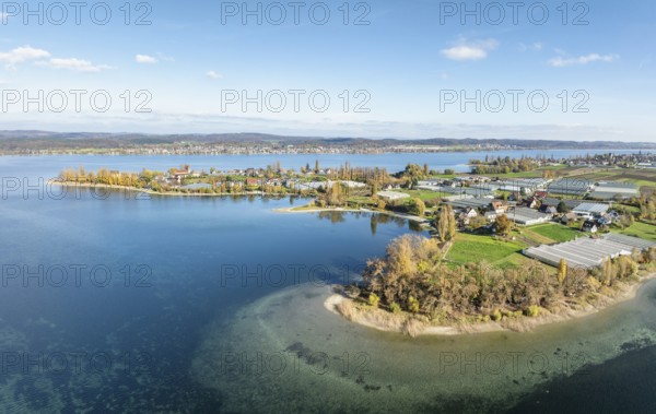 Aerial view of the southwestern part of the island of Reichenau with autumn vegetation, Lake