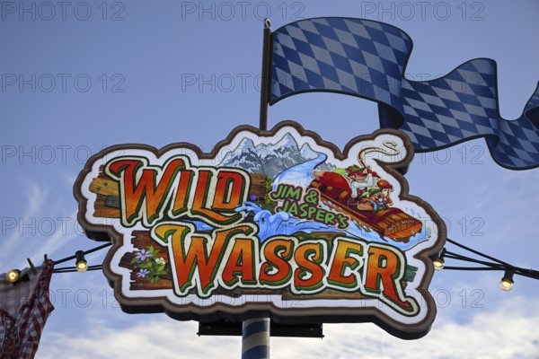 Sign on the wild water ride at the Oktoberfest, Munich, Bavaria, Germany, Europe