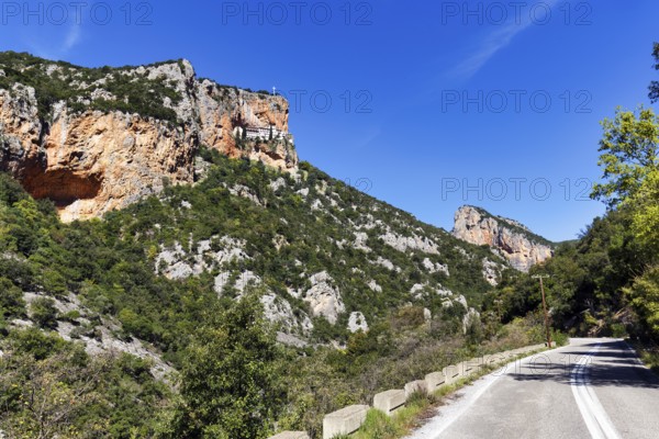 Parnon Mountains with the Greek Orthodox monastery of Elona on the cliffs, Arcadia, Peloponnese,