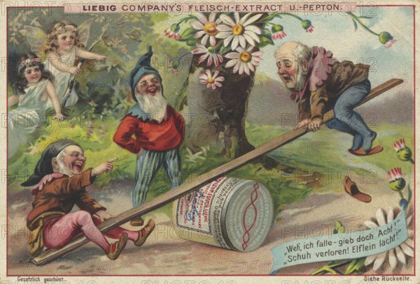 Picture series Elves and gnomes, dwarves swinging on a tin, Liebig picture, digitally restored