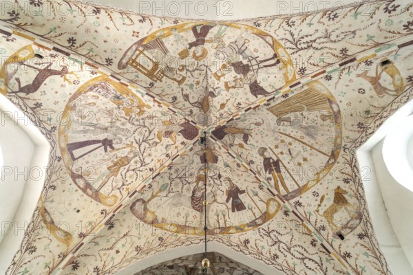Religious frescoes by the Elmelunde Master in the church of Elmelunde, Mön Island, Denmark, Europe