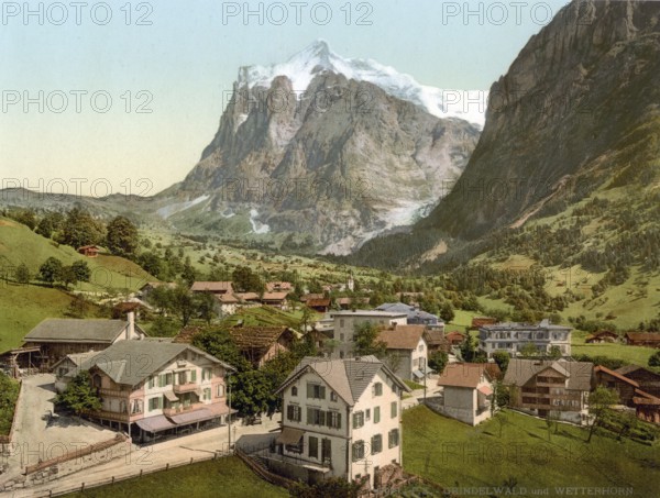 Grindelwald und Wetterhorn, Bernese Oberland, Switzerland, Historic, digitally restored