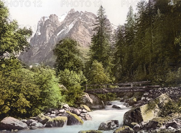 Schwarze Lütschine und Wetterhorn, Bernese Oberland, Switzerland, Historic, digitally restored