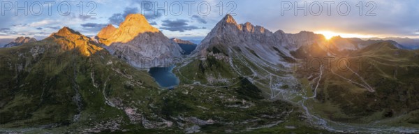 Alpine panorama, Hohe Warte and Wolayersee, sunset in the mountains, aerial view, Carnic Alps,