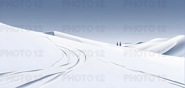 Simplified representation of ski tracks on a pristine snowy slope, created with bold, clean lines,