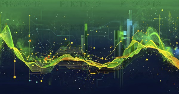 Abstract illustration of digital wave forms and circuits converging to form abstract symbols of