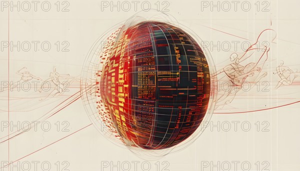 Illustration of an abstract, vibrant orange colored rotating digital sphere with patterns