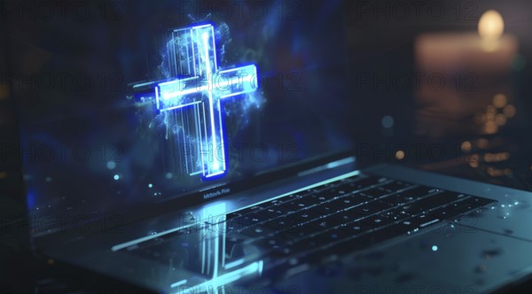 Religion and Christianity online. Concept of Christian science and technology, AI generated