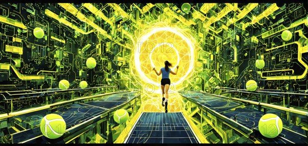 Vibrant mix of abstract circuitry intertwined with tennis balls, representing AI role in