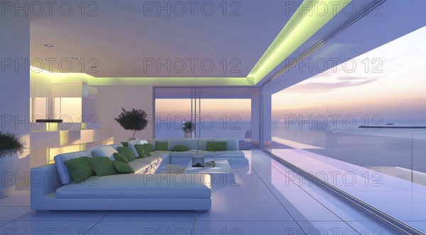 Modern Luxury spacious living room in a condo with sliding windows and scenic view., AI generated