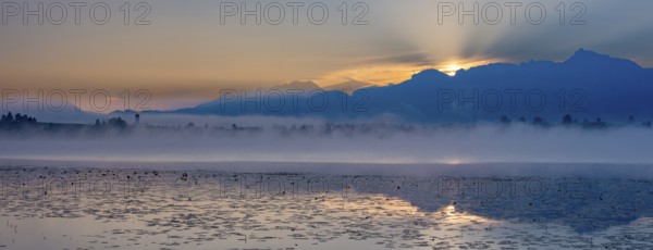 Sunrise at Lake Hopfensee near Füssen, behind Hopfen am See, the Tegelberg massif and the Säuling,