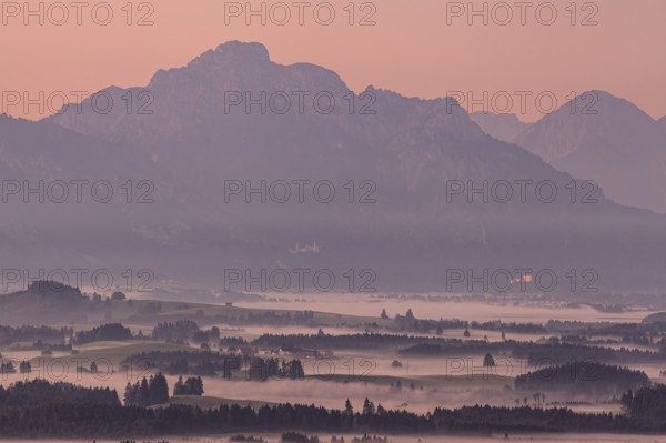 Foggy mood, morning light, mountain landscape, autumn, Alpine foothills, Königswinkel, view of