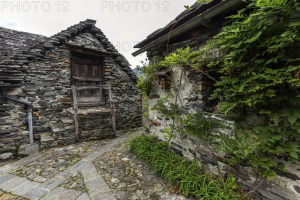 Typical Ticino stone houses in the mountain village of Bordei, Centovalli, Canton Ticino,