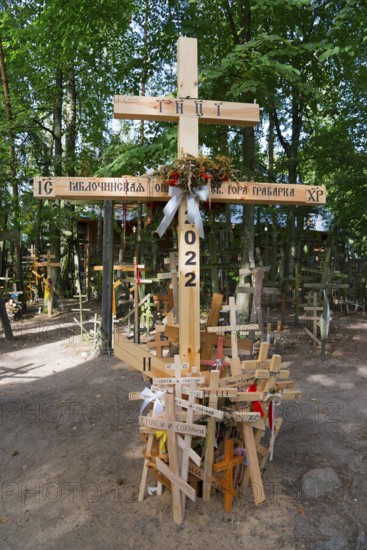 Wooden cross with inscriptions surrounded by other crosses in a forest, cross forest on the holy