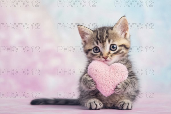 Cute small tabby kitten holding plush heart in front of pastel background. Generative AI, AI