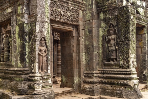 Apsara reliefs at the sanctuary of the mountain temple Wat Phu, Champasak province, Laos, Asia