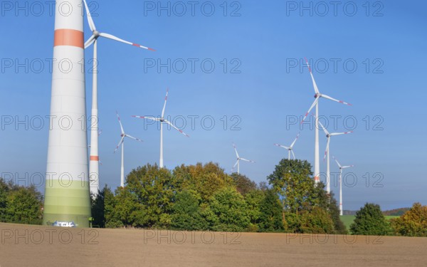 Wind turbines, blue sky, Schönberg, Mecklenburg-Western Pomerania, Germany, Europe