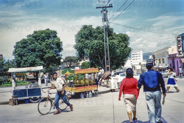 Drinks stalls on a street corner, Guatemala City, Guatemala, Central America around 1961, Central