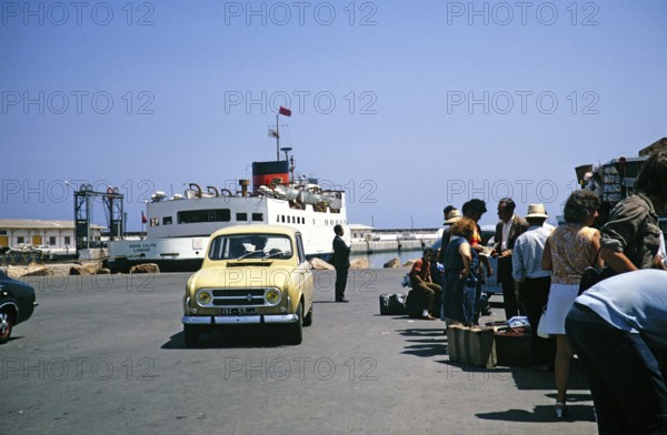 Ferry Mons Calpe of London, built in 1954, passengers waiting to embark, harbour of Tangier,