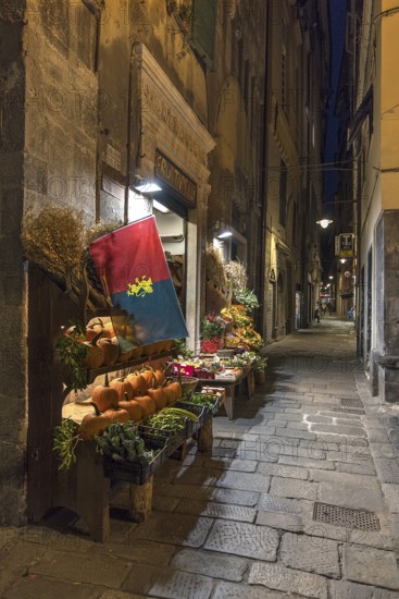 Vegetable shop in an alleyway in an old town at night, Genoa, Italy, Europe