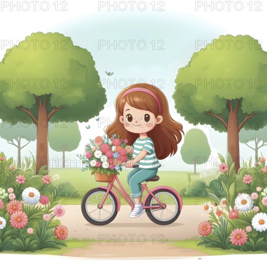 Cute anime girl on bicycle with flowers in a park, AI generated