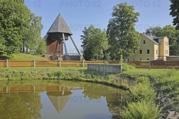 Rudolphschacht with horse-drawn shaft and reflection in the pond, former, historical, colliery,
