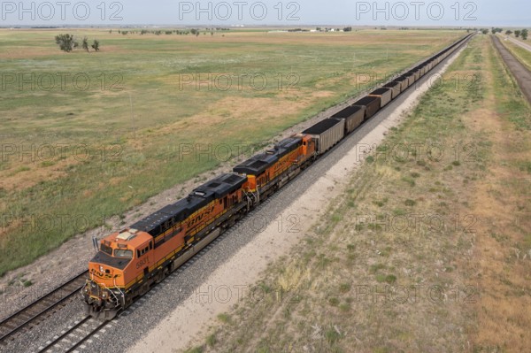 Roggen, Colorado, A Burlington Northern Santa Fe freight train carrying coal east of Denver