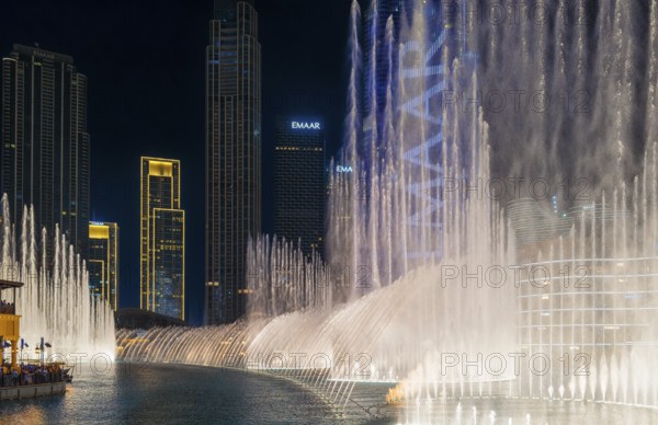 Night shot, water feature in Burj Khalifa Lake, Burk Khalifa, Downtown, Dubai, United Arab