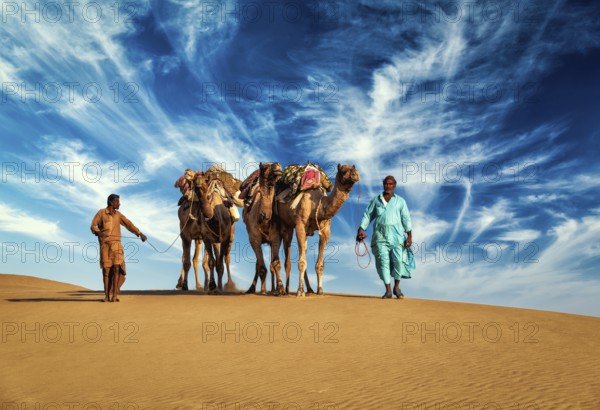 Rajasthan travel background, two Indian cameleers (camel drivers) with camels in dunes of Thar